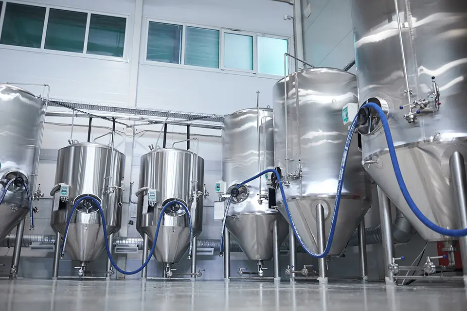 Commercial craft brewery fermentation room with industrial stainless steel tanks
