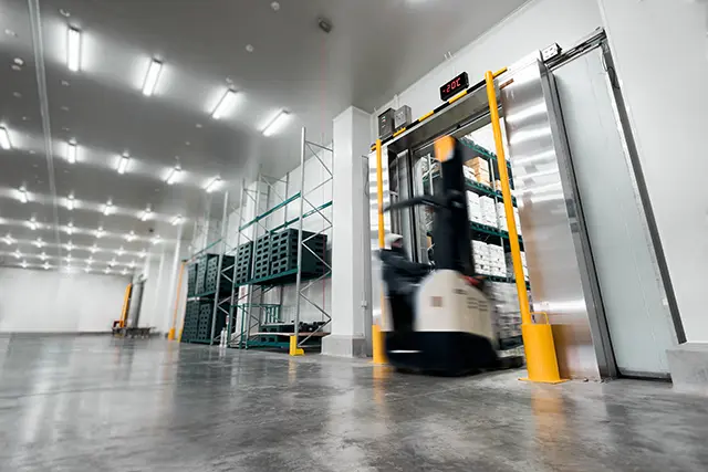Forklift entering a large industrial cold storage facility with insulated walls and high-performance refrigeration systems.
